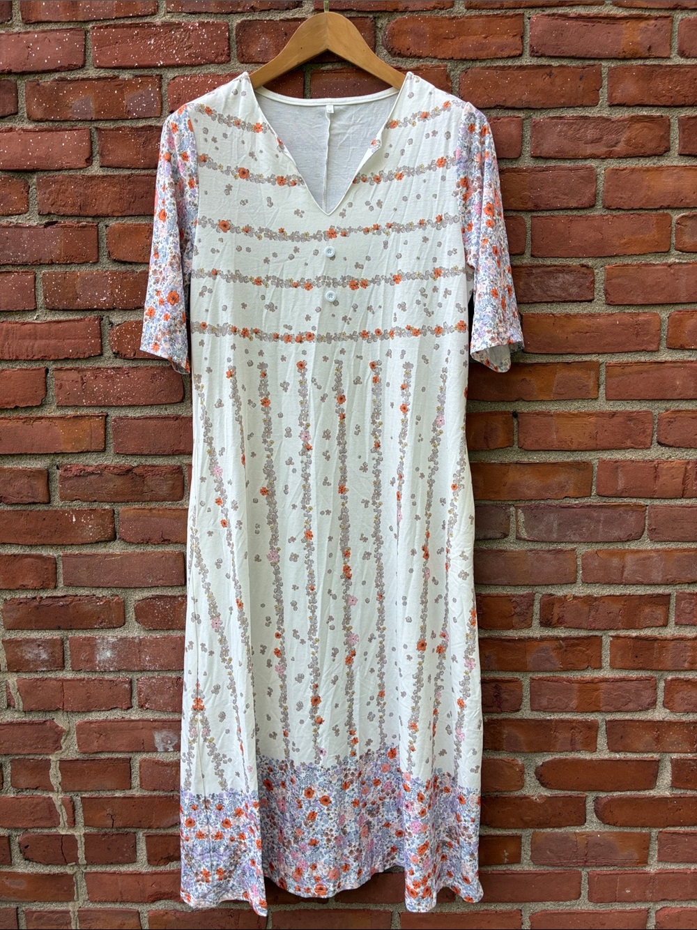 Floral Cream Midi Dress with Orange Accents